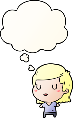 Düşünce baloncuğu olan karikatür kadın bir insan tarafından çizilmiş.