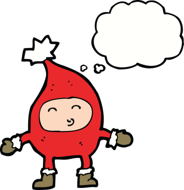 Bir insan tarafından çizilmiş düşünce baloncuklu komik noel karakteri.