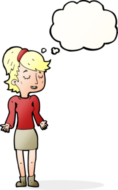 Bir insan tarafından çizilmiş düşünce baloncuğuyla omuz silken çizgi film kadını.