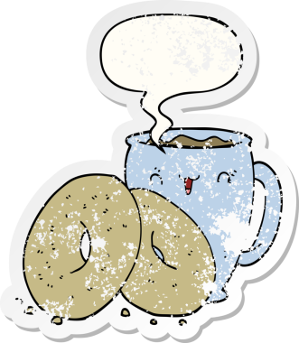 Konuşma balonlu çizgi film kahve ve çörekler bir insan tarafından çizilmiş sıkıntılı eski bir çıkartma