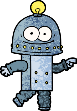 Bir insan tarafından çizilmiş ampullü mutlu karton robot.