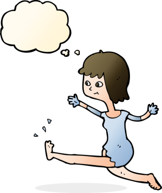 Bir insan tarafından çizilmiş düşünce baloncuğuyla tekme atan mutlu bir kadın.