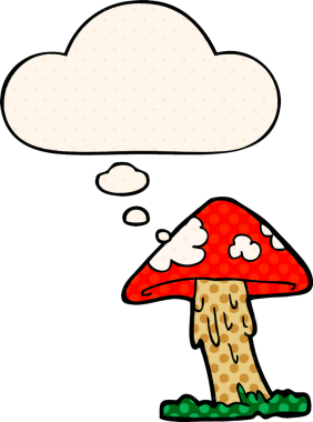 Çizgi roman tarzında bir insan tarafından çizilmiş düşünce baloncuklu mantar.