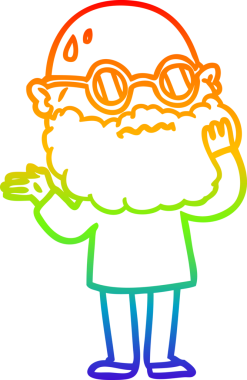 Bir insan tarafından çizilmiş sakallı ve güneş gözlüklü endişeli bir çizgi film çizimi.