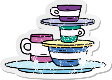 Bir insan tarafından çizilmiş renkli kâseler ve tabaklar çizilmiş, kederli bir karikatür.