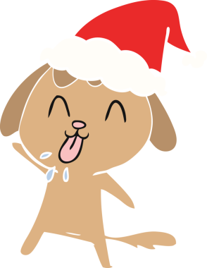 Bir insan tarafından çizilmiş Noel Baba şapkası takan bir köpeğin düz renk çizimi.