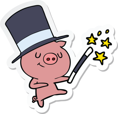 Bir insan tarafından çizilmiş mutlu bir domuz sihirbazının çıkartması.