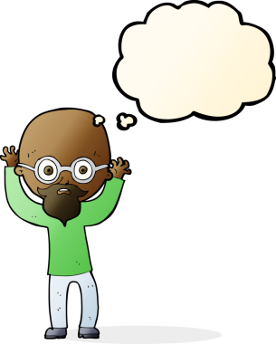 Çizgi film, bir insan tarafından çizilmiş düşünce balonlu kel adamı strese sokuyor.