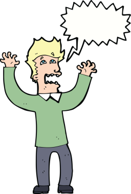 Bir insan tarafından çizilmiş, konuşma balonuyla dehşete düşmüş bir adam.