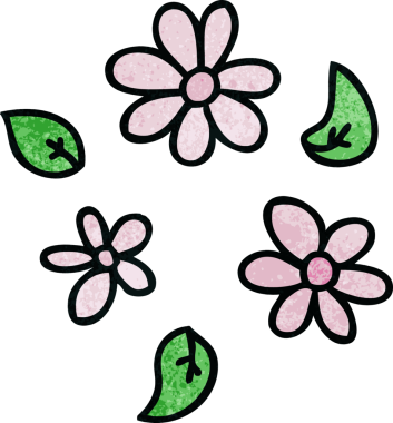 Bir insan tarafından çizilmiş tuhaf karikatür çiçekleri.