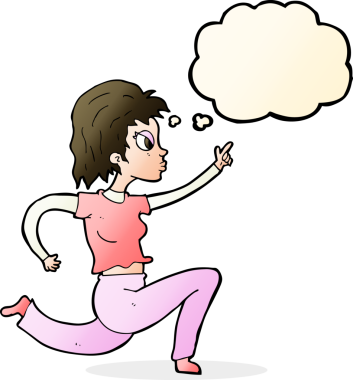 Bir insan tarafından çizilmiş düşünce balonuyla koşan ve işaret eden çizgi film kadını.