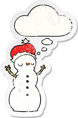 Düşünce baloncuğu olan kardan adam bir insan tarafından çizilmiş yıpranmış bir çıkartma.