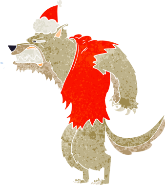 Kızgın kurtadam eli, bir insan tarafından çizilmiş Noel Baba şapkasının eski çizgi filmini çizdi.