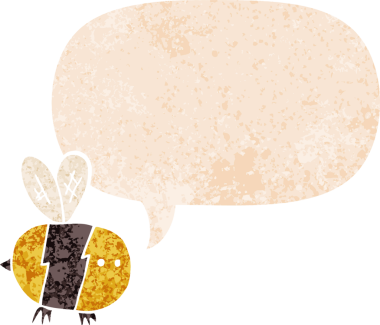 Konuşma baloncuğu olan çizgi film arısı bir insan tarafından çizilmiş dertli retro desenli.