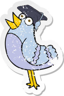 Bir insan tarafından çizilmiş mezuniyet şapkası takan çizgi film kuşunun gerilimli çıkartması.