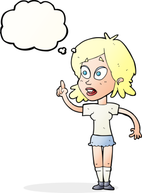 Çizgi filmdeki kadın bir insan tarafından çizilmiş düşünce balonuyla soru soruyor.