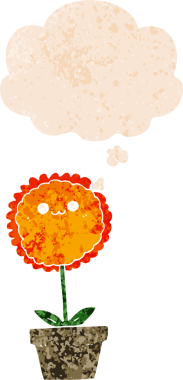 Düşünce baloncuğu ve grunge desenli karikatür çiçeği bir insan tarafından çizilmiş.