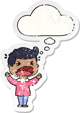 Düşünce baloncuğu olan bağıran bir çizgi film karakteri insan tarafından çizilmiş yıpranmış bir çıkartma gibi