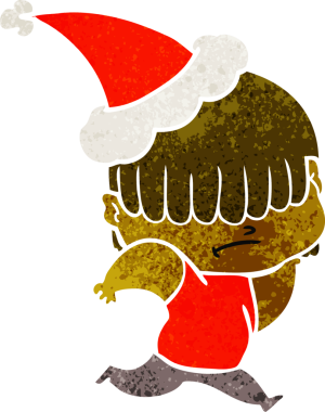 Bir insan tarafından çizilmiş, dağınık saçlı, Noel Baba şapkası takan bir çocuğun eski çizgi filmi.