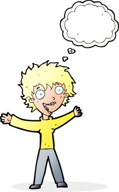 Bir insan tarafından çizilmiş düşünce baloncuğu olan heyecanlı bir kadın.