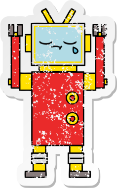 Bir insan tarafından çizilmiş ağlayan şirin bir çizgi robotun sıkıntılı çıkartması.