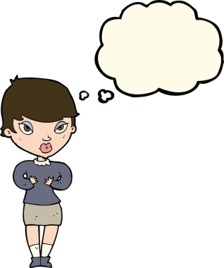 Bir insan tarafından çizilmiş düşünce baloncuğuyla kendine el kol hareketi yapan karikatür kadını.