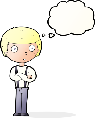 Bir insan tarafından çizilmiş düşünce balonuyla kollarını kavuşturmuş çizgi film izleyen çocuk.