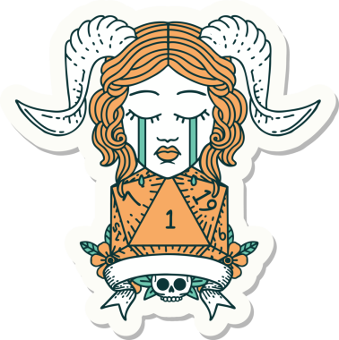 Ağlama etiketi, bir insan tarafından çizilmiş doğal bir D20 zar atışıyla bağlanmış.