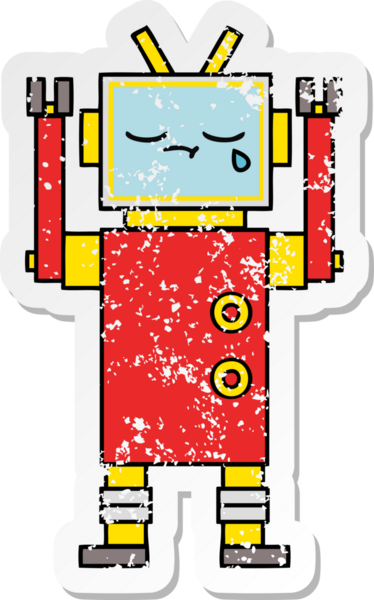 Bir insan tarafından çizilmiş ağlayan şirin bir çizgi robotun sıkıntılı çıkartması.