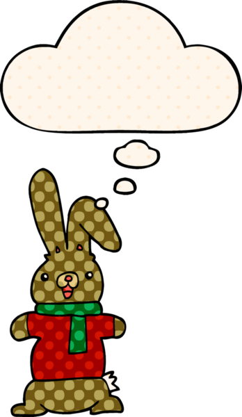 Çizgi roman tarzında bir insan tarafından çizilmiş düşünce kabarcığı olan çizgi film tavşanı.
