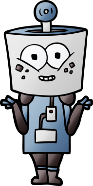 Mutlu çizgi film robotu bir insan tarafından çizilmiş omuz silkiyor.