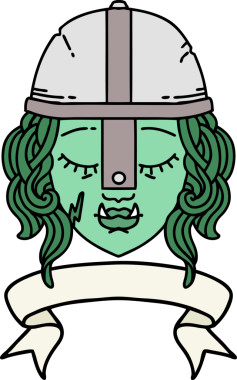 Retro Dövme Biçimli Ork savaşçı yüzü bir insan tarafından çizilmiş pankartıyla