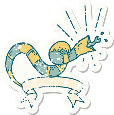 Bir insan tarafından çizilmiş eski bir dövme stili tıslayan yılan etiketi.