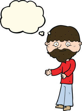 Bir insan tarafından çizilmiş düşünce baloncuğu olan mutlu sakallı adam.