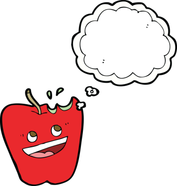 Bir insan tarafından çizilmiş düşünce baloncuklu mutlu elma çizgi filmi