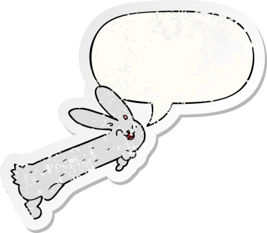 Konuşma balonlu komik çizgi film tavşanı bir insan tarafından çizilmiş sıkıntılı eski bir çıkartma