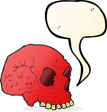 Bir insan tarafından çizilmiş konuşma baloncuğu olan karikatürümsü kafatası.