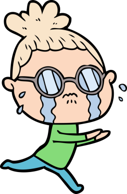 Bir insan tarafından çizilmiş gözlüklü, ağlayan bir kadın.