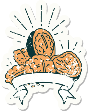 Bir insan tarafından çizilmiş eski dövme stili ceviz etiketi.