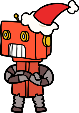 Bir insan tarafından çizilmiş Noel Baba şapkası giyen bir robotun el çizimi.