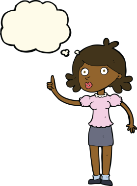 Bir insan tarafından çizilmiş düşünce baloncuğu fikri olan karikatür kadın.