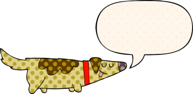 Bir insan tarafından çizilmiş çizgi roman tarzında konuşma balonu olan çizgi film köpeği.