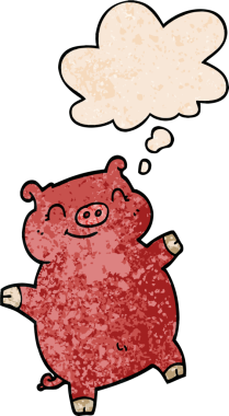 Bir insan tarafından çizilmiş grunge desenli düşünce baloncuklu çizgi film domuzu.