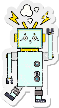 Bir insan tarafından çizilmiş sevimli bir robot çizgi film çıkartması.