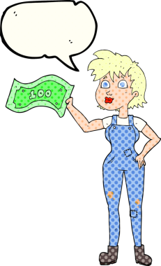 El yazısıyla çizilmiş çizgi roman konuşma balonu karikatürü. Kendine güveni olan, bir insan tarafından çekilen parası olan çiftçi kadın.