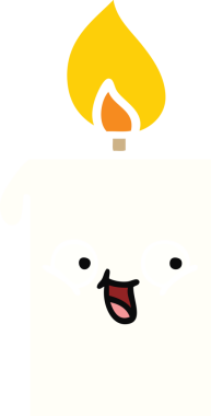 Bir insan tarafından çizilmiş yanan bir mumun düz renkli retro karikatürü