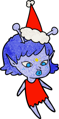 Bir insan tarafından çizilmiş Noel Baba şapkası takan uzaylı bir kızın güzel el çizimi karikatürü.