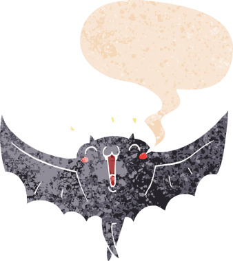 çizgi film mutlu vampir yarasa konuşma balonu ile grunge sıkıntılı retro tarzı bir insan tarafından çizilmiş