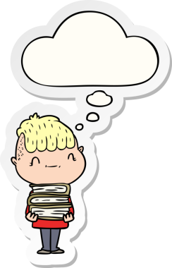 Düşünce baloncuklu kitapları olan çizgi film dostu çocuk bir insan tarafından çizilmiş çıkartma gibi.