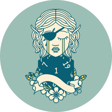 Retro Dövme Tarzı Ağlayan Elf düzenbaz karakter yüzü ve bir insan tarafından çizilmiş doğal bir D20 rulo